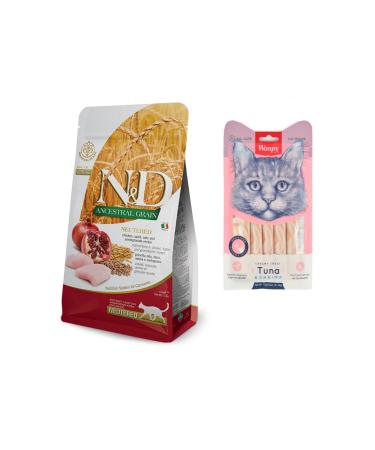 N & D Low Grain Chicken & Pomegranate Cat Food 5 Kg + Wanpy Tuna & Shrimp Liquid Cat Reward 5x14g