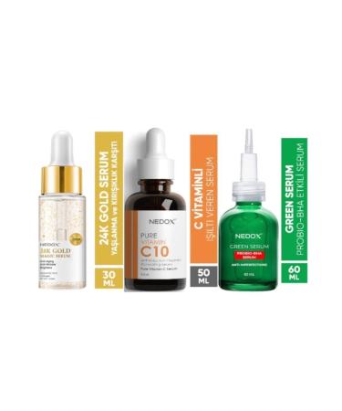 NEDOX Anti Aging 24k Gold Serum 30 Ml + Pure Vitamin C10 Serum 50 Ml + Probio-bha Anti-Stain Green Serum