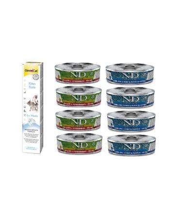 N & D Kitten 8 Pieces (4-chicken Pomegranate + 4-fish) Kitten Wet Food 80 Gr + gimcat 50 Gr Kitten Paste