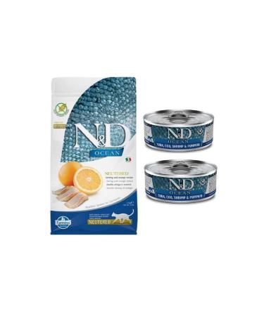 N & D Nd Ocean Sterilized Cat Food with Herring and Orange 1.5 Kg + 2 Pieces 80 Gr Canned