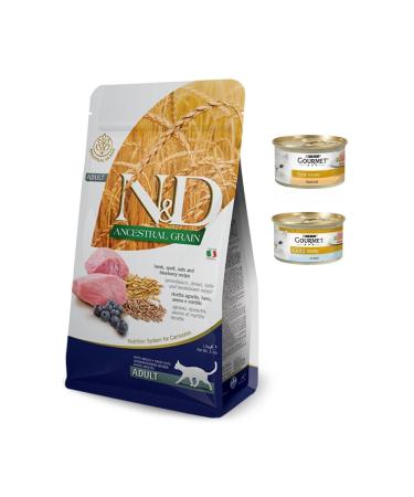 N & D Low Grain Lamb Blueberry Adult Cat Food 1.5 Kg + 2 Pieces Gourmet Chopped Canned 85 Gr