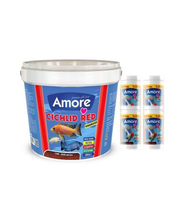 AMORE Cichlid Red Granules Bucket 3 Kg Aquarium Fish Food and 4x125ml Gold Mix Goldfish Food
