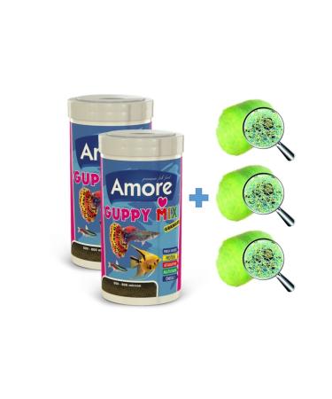 AMORE Guppy Mix Granules 2x250 Ml Tropical Fish Food + Sera Crystal Clear 3 Bioball Fiber