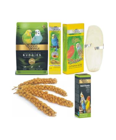 Gold Wings Budgie Food 1 Kg. Honey Food 1x2 Pieces Squid Bone 1x2 Pieces + Multi Vitamin 20 Ml + 4 Pieces Millet