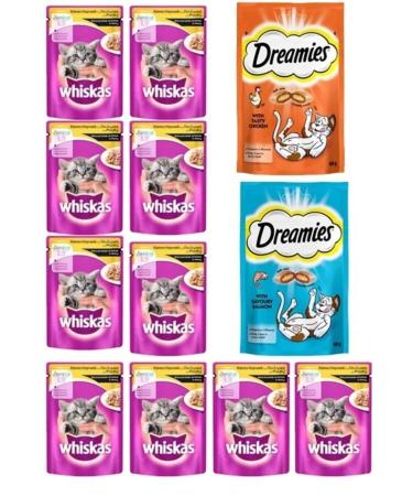Whiskas Pouch Kitten Mixed Meaty Wet Cat Food 100 Gr X10 + 2 Pieces Dreamies Cat Reward Biscuits