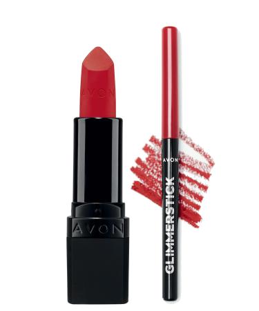 Avon Ultra Matte Lipstick Truest Red and Glimmerstick Lip Pencil Ruby Shock Bundle