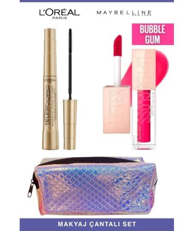 L'Oreal Paris Loreal Telescopic Instant Long Lashes-Maybelline Shiny and Full Lips 24 Bubblegum Makeup S