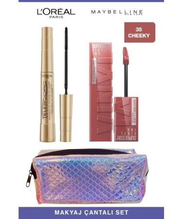 L'Oreal Paris Loreal Telescopic Instant Long Lashes-Maybelline Permanent and Full Lips 35 Cheeky Makeup Set