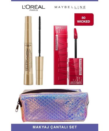 L'Oreal Paris Telescopic Instant Long Lashes-Maybelline Permanent and Full Lips 50 Wicked Makeup Set