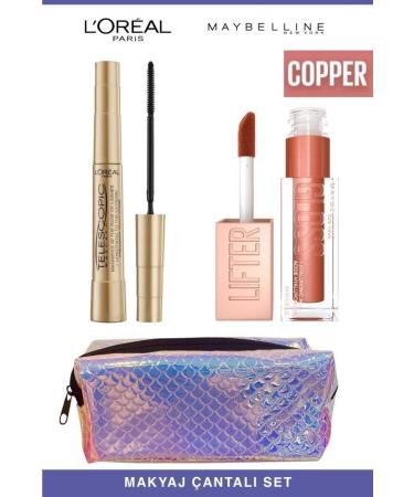 L'Oreal Paris Loreal Telescopic Instant Long Lashes-Maybelline Shiny and Full Lips 017 Copper Makeup Set