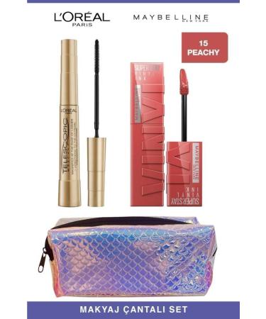 L'Oreal Paris Loreal Telescopic Instant Long Lashes-Maybelline Permanent and Full Lips 15 Peachy Makeup Set