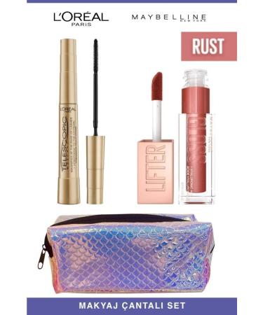 L'Oreal Paris Loreal Telescopic Instant Long Lashes-Maybelline Shiny and Full Lips 016 Rust Makeup Set