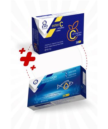 EVOPHARMA Evomega Omega 3 1000mg Fish Oil 30 Capsules + Ester Vitamin C and Zinc Supplementary Food 30 Tablets