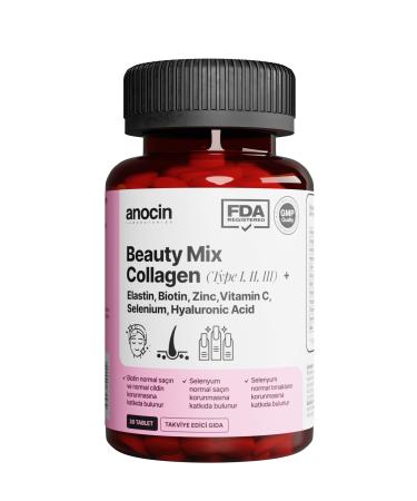 anocin BEAUTY MIX COLLAGEN TYPE I II III +ELASTIN BIOTIN ZINC VITAMIN C SELENIUM HYALURONIC ACID COLLAGEN
