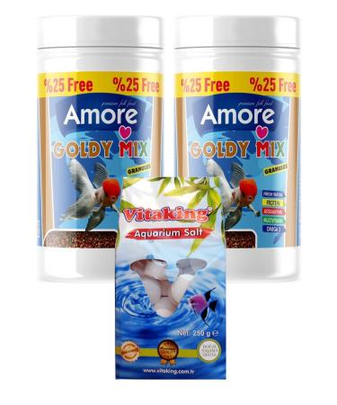 AMORE Goldy Mix Granules 2 x 125 ml Box Japanese Fish Food and Aquarium Cleaning Rock Salt Tablets