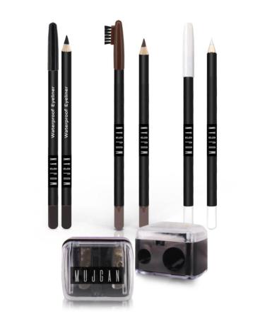 MUJGAN Black Eyeliner White Eyeliner Brown Eyebrow Pencil Sharpener 4-Piece