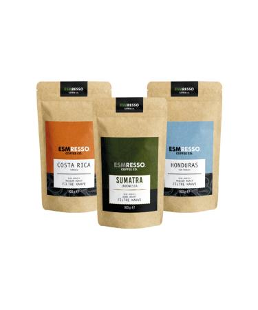 Esmresso 3-Piece Coffee Trial Pack - Sumatra Honduras Costa Rica Ground Coffee 3 X 100 gr