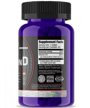 Ultimate Nutrition Vitamin D3 1000 IU Vitamin D for bones and teeth 60 capsules - Buy Online on GoSupps.com