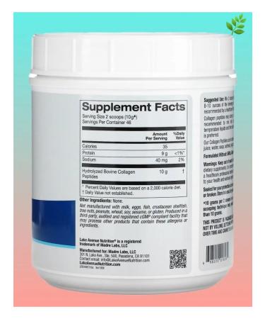 Lake Avenue Nutrition Hydrolyzed peptides of the collagen of types 1 and 3 - Buy Online on GoSupps.com