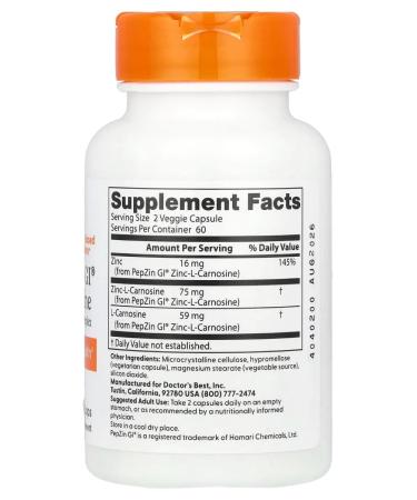 Doctor's Best Pepzin Gi zinc-l-carnosine 120 capsules - Buy Online on GoSupps.com