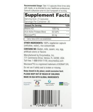 enzymedica Betain hydrochloride 60 capsules - Buy Online on GoSupps.com