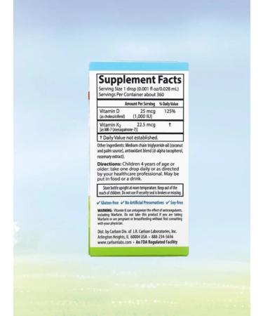 Carlson Labs D3+K2 for children 1000 IU 10.16 ml - Buy Online on GoSupps.com