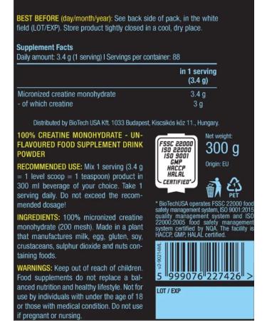 BioTechUSA Creatine Monohydech Biotech 100% Creatine MonohyDrate 300 g - Buy Online on GoSupps.com