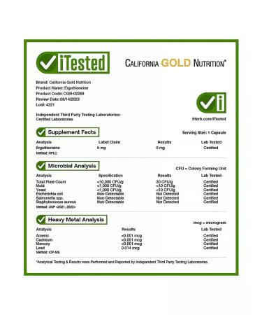 California Gold Nutrition Ergotionein 5 mg 90 plant capsules - Buy Online on GoSupps.com