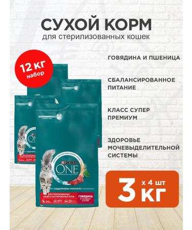 PURINA ONE Dry food for sterilized cats of beef 3 kg 4 pcs