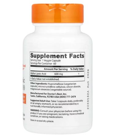Doctor best Alpha-lipoic acid 600 mg 60 vegetarian capsules - Buy Online on GoSupps.com