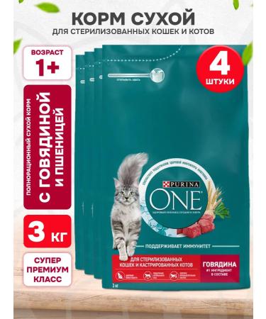 PURINA ONE Dry food of sterilized cats beef wheat 3 kg 4 pcs