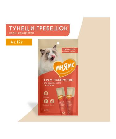 Mnyams Cream-stall for cats with tuna katsuo and scallop 4x15g - Buy Online on GoSupps.com