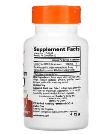 Doctor's Best Coenzyme Q10 with bioperin 100 mg of Kilikhinon 60 capsules - Buy Online on GoSupps.com