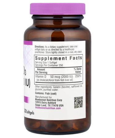 Bluebonnet Nutrition Vitamin D3 50 g (2000 IU) 250 capsules - Buy Online on GoSupps.com