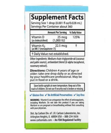 Carlson A complex of vitamins D3+K2 for children 10.16 ml - Buy Online on GoSupps.com