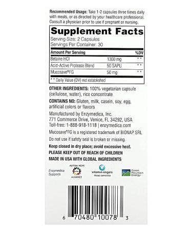 enzymedica Quick -acting betained hydrochloride 60 capsules - Buy Online on GoSupps.com