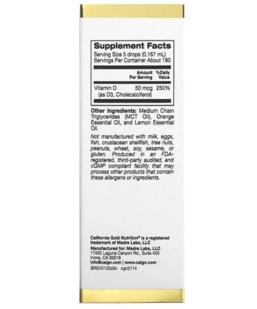 California Gold Nutrition Vitamin D3 2000 IU 30 ML (vitamin D3) CITRUS - Buy Online on GoSupps.com