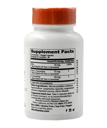 Doctors Best Complex zinc and carnosine Pepzin Gi 120 capsules - Buy Online on GoSupps.com