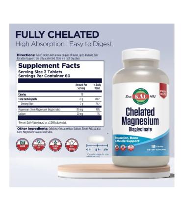 KAL Chelated Magnesium 180 Tab (Helat Magnesium Bisglitsinate) - Buy Online on GoSupps.com