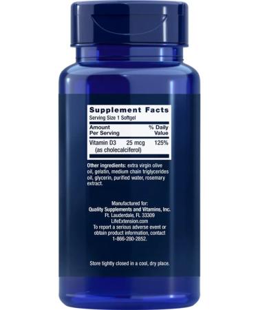 Life extension Vitamin D3 cholecalciferol 25mkg 250 capsules - Buy Online on GoSupps.com
