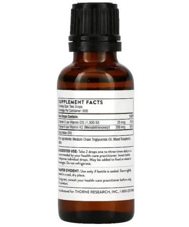 Proper nutrition Thorne vitamins D and K2 25 mcg (1000 IU) 30 ml - Buy Online on GoSupps.com