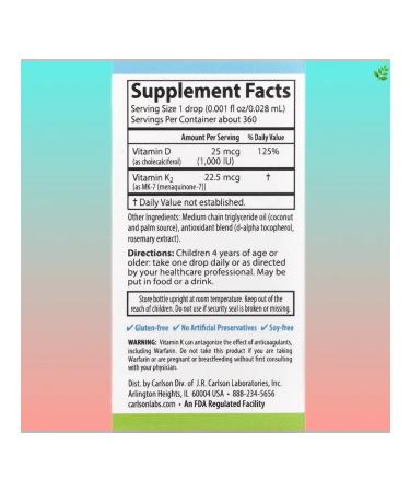 Carlson D3+K2 for children 25 g (1000 IU) and 22.5 g 10.16 ml - Buy Online on GoSupps.com