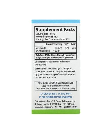 Carlson Labs Kids Super Daily Vitamin D3 10 g (400 IU) 10.3 ml - Buy Online on GoSupps.com