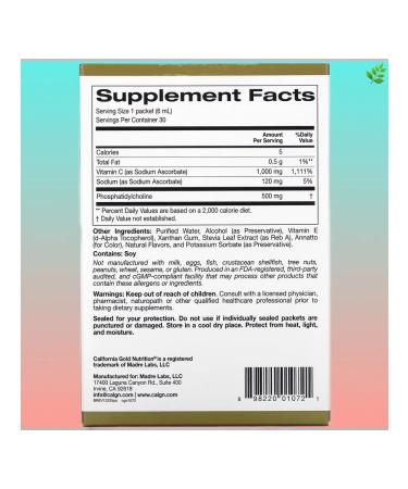 California Gold Nutrition Liposomal vitamin C 1000 mg 30 bags of 6 ml - Buy Online on GoSupps.com