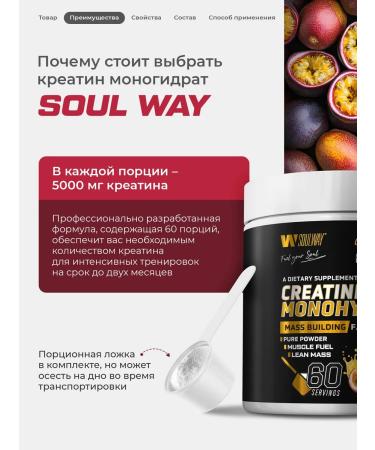 Soul Way Creatine Monohydrate with a sedge of Marakuya 300 grams 60 servings - Buy Online on GoSupps.com