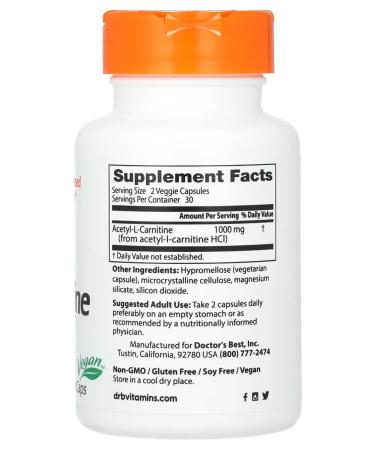 Doctor's Best Acetyl L-Carnitine Acetyl-L-Carnitine 500 mg 60 capsules - Buy Online on GoSupps.com