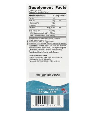 Nordic Naturals Babys dha 60ml Children's dgk omega-3 vitamin D3 - Buy Online on GoSupps.com