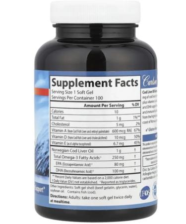 Carlson Labs Carlson Cod Liver Oil Gems omega 3 1000 mg 100 capsules - Buy Online on GoSupps.com