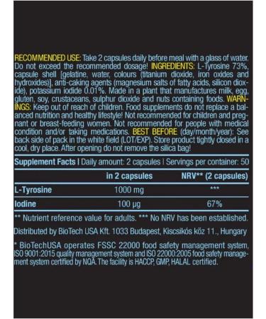 BioTechUSA L-tyrosin L-Tyrosine 500 mg 100 caps - Buy Online on GoSupps.com