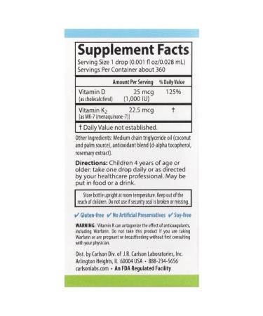 Carlson Labs Vitamins D3 + K2 1000 IU Super Daily 10.16 ml - Buy Online on GoSupps.com